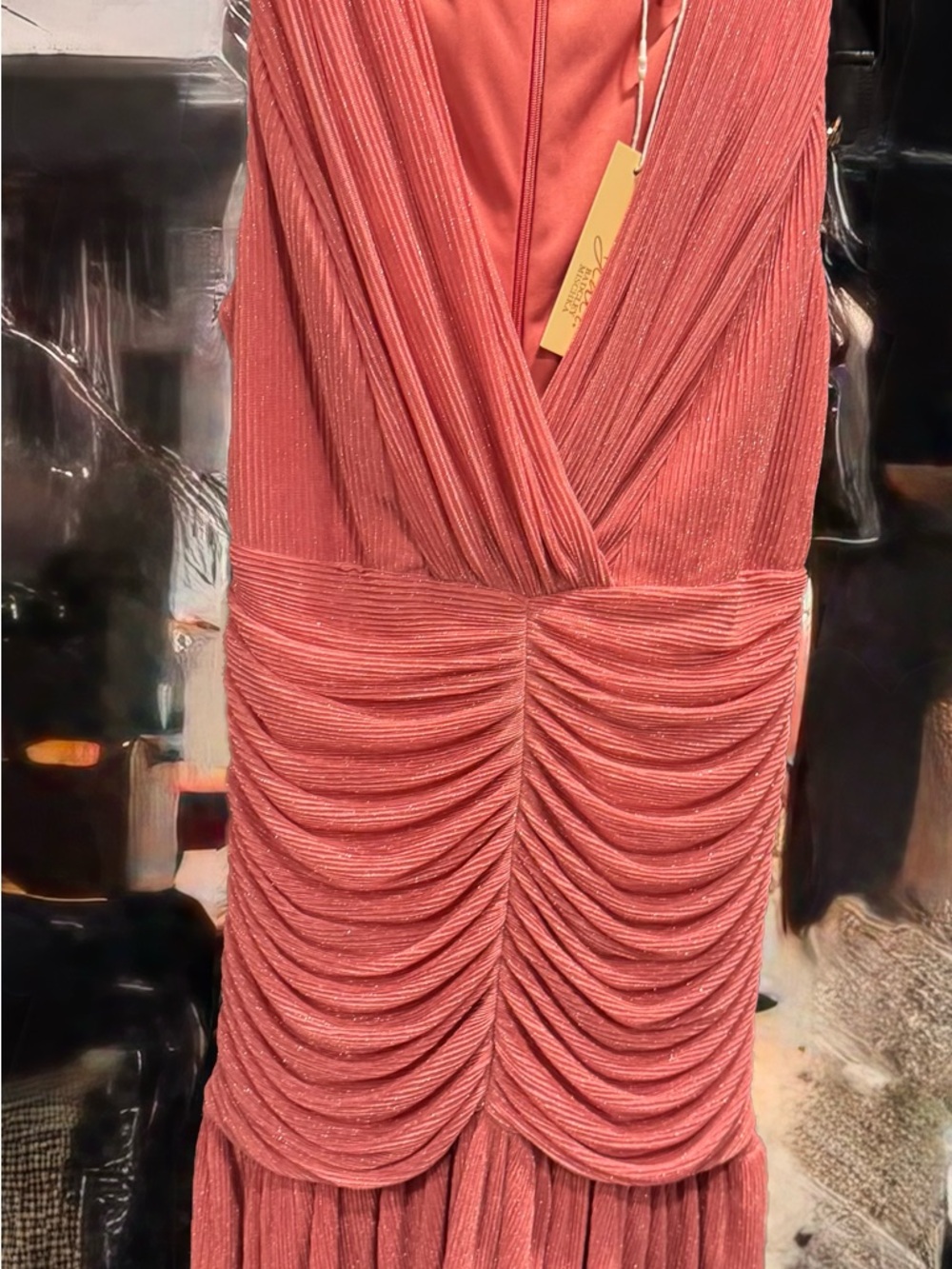 Badgley Mischka Shimmery Coral Ruched Midi Dress